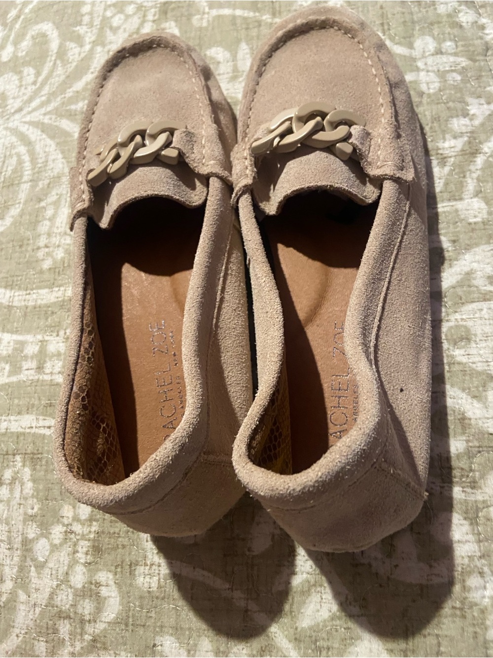 Rachel Zoe Taupe Suede Loafers with Chain Accent